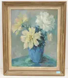 Stillleben mit weissen Pfingstrosen in blauer Vase by Marcelle Lucie Heusser-Prodon, oil on canvas, offered Jun 2021