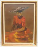 Sitzende, junge Frau in rotem Kleid und schwarzem Hut by Fritz Krebs, oil on board, offered Jun 2021