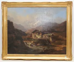 Mühle an einem Wildbach in Gebirgstal, 1846 by Wilhelm Scheuchzer, oil on canvas, sold Jun 2021