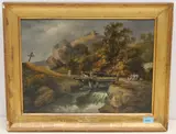 Wildbach mit Holzsteg in felsiger, baumbestandener Landschaft mit Burgruine by Johann Georg Volmar, oil on panel, offered Jun 2021