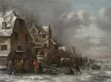 Winterlandschaft mit Eisläufern vor einer Stadt by Claes Molenaer, oil on canvas, sold Mar 2021