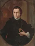 Bildnis eines Geistlichen, wohl aus der Adelsfamilie von Speth, in der Hand ein Ordenskreuz, im Hintergrund wohl das Wappen der Familie Speth by Süddeutschland, 18.Jh., oil on canvas, offered Mar 2021