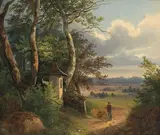 Bäuerin mit einer Karre in einer Landschaft by Edmund Mahlknecht, 1840, oil on canvas, sold Mar 2021
