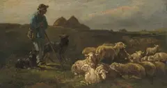 Hirte mit Schafherde und zwei Hunden by Charles Jacque, oil on canvas, offered Mar 2021