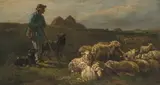 Hirte mit Schafherde und zwei Hunden by Charles Jacque, oil on canvas, offered Mar 2021