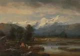 Die Ortlergrupper von der Malserhaide aus gesehen, im Vordergrund Hirtin mit ihrer Kuhherde by Karl Millner, 1881, oil on paper, sold Mar 2021