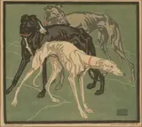 Windhunde by Norbertine Bresslern-Roth, color linocut, sold Mar 2021