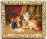 Drei Katzen mit einer Tasse Milch spielend by Alfred-Arthur Brunel de Neuville, oil on canvas, sold Mar 2021