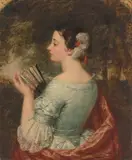 Junge Dame mit Fächer by Joshua Hargrave Sams Mann, oil on canvas, sold Mar 2021