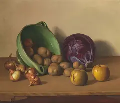 Stillleben mit Rotkohl, Äpfeln und Kartoffeln by Adriaan Timmers, 1934, oil on canvas, sold Mar 2021