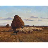 Flock of Sheep at a Hay Bale by Charles Jacque, oil on board, sold Dec 2022