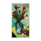 Original Oil on Canvas by Still Life, Oil on canvas painting of deep red Parrot Tulips in a light, sold Dec 2023