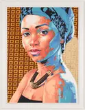 Portrait of a Woman with Headdress by Wakaba Mutheki, oil on patterned fabric, sold Jul 2024