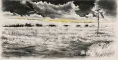 Landscape with Telephone Pole by Themba Khumalo, charcoal and pastel on paper, sold Jul 2024
