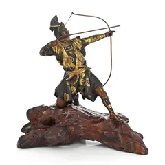 Japanese Samurai Archer by Meiji period, bronze okimono with a dark patination, sold Jul 2024