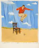 Warren Everett Quist Attempts to Leap Into Another Glass of Water by Michael Paraskevas, circa 1989, Acrylic on Paper, sold Aug 2024