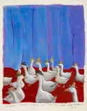 Eddie's Ducks Quack Out Some Songs From Oklahoma by Michael Paraskevas, circa 1989, Acrylic on Paper, sold Aug 2024