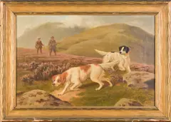 Untitled by William Elstob Marshall, oil on canvas hunting dogs at point with hunters in background, sold May 2025