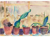 Fensterbank mit Topfpflanzen by Philipp Bauknecht, watercolor, offered Dec 2019