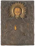 Russisch, um 1800 by Hl. Nikolaus mit Silberoklad, tempera, offered Mar 2021