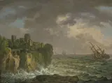 Stürmische Küstenlandschaft mit Dreimaster in Seenot by Johann Kaspar Huber, oil on panel, sold Mar 2021