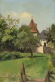 Landschaftsstudie mit den Gebäuden eines herrschaftlichen Landgutes by Frédéric Dufaux, oil on canvas, offered Mar 2021
