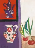 Stillleben mit Zwiebeln und Keramikkrügen, 1988 by Rudolf Mirer, acrylic, sold Mar 2021