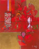 Stillleben mit Henkelkrug, Stundenglas und Früchten, 1988 by Rudolf Mirer, acrylic, sold Mar 2021
