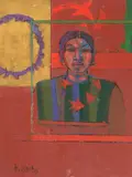 Frauenportrait auf rotem Grund, 1988 by Rudolf Mirer, acrylic, sold Mar 2021