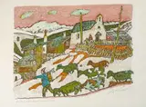 Dorfbild mit Schafen by Alois Carigiet, 1974, color lithograph, sold Mar 2021