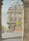 Place des Pyramides, Ecke Rue de Rivoli, Arcade de l'Hôtel Regina, Jeanne d'Arc by Niklaus Stoecklin, 1956, watercolor, sold Mar 2021