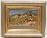 Blick auf eine kleine Ortschaft über dem Felsabhang eines Flusses by Jean Philippe George, oil, offered Mar 2021