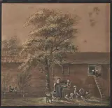 Im Hühnerhof by Salomon Landolt, watercolor, offered Dec 2020
