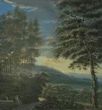 An einem Brunnen rastender Wanderer in bewaldeter, hügeliger Landschaft bei Zürich by Salomon Landolt, gouache, sold Dec 2020