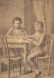 Die Brüder Wirz bei den Hausaufgaben am Tisch sitzend by Johann Heinrich Lips, pencil, sold Dec 2020