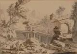 Berglandschaft mit Wanderern und Hirten vor einer Ortschaft by Joseph Roos, pen and ink, offered Dec 2020