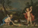 Allegorie des Wassers: Zwei Putti mit Fischen und Muscheln by Antwerpen, um 1665, oil on copper, sold Dec 2020
