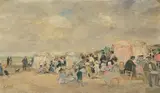 L'après-midi des familles, nurses et enfants, Plage de Trouville by François Gall, oil on canvas, sold Dec 2020