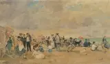 Eugénie brodant, assise auprès de ses enfants, plage de Trouville by François Gall, oil on canvas, sold Dec 2020