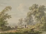 Baumbestandene Landschaft mit Personen- und Tierstaffage by Johann Heinrich Müntz, watercolor, sold Dec 2020