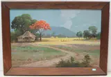 Philippinische Landschaft mit Bauern bei der Heuernte by Crispin Villafuerte López, 1960, oil on canvas, sold Dec 2020