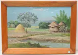 Philippinische Landschaft mit Palmenhütten by Crispin Villafuerte López, 1961, oil on canvas, sold Dec 2020