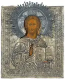Russisch, 1.Hälfte 19.Jh by Christus Pantokrator mit vergoldetem Silberoklad, tempera, sold Dec 2020