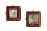 Russisch, um 1880/1900 by Lot: 2 Miniatur-Ikonen mit Silberoklad in Kiyot, tempera, sold Dec 2020