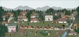 Dorf mit Alpaufzug, 1990 by Anne Rosat, collage, sold Dec 2020