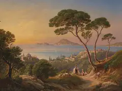 Blick von einer Anhöhe über die Dächer von Formia mit der Chiesa Santa Teresa gegen die Halbinsel Gaeta by Friedrich Horner, oil on canvas, sold Dec 2020