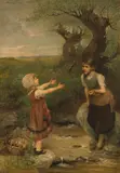 Zwei Mädchen, einen Bach überquerend by Emil Keyser, oil on canvas, sold Dec 2020