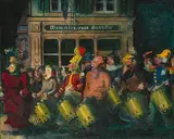 Basel, Morgenstraich vor dem Weinrestaurant Hunziker, 1955 by Louis Moor, oil on board, sold Dec 2020