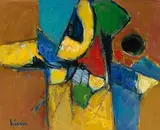 Komposition gelb/ocker", 1975 by Carl Walter Liner, oil on board, sold Dec 2020