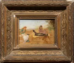 Untitled" (Classical Women in Repose) by Antoine Alphonse Montfort, oil on board, sold Nov 2022
